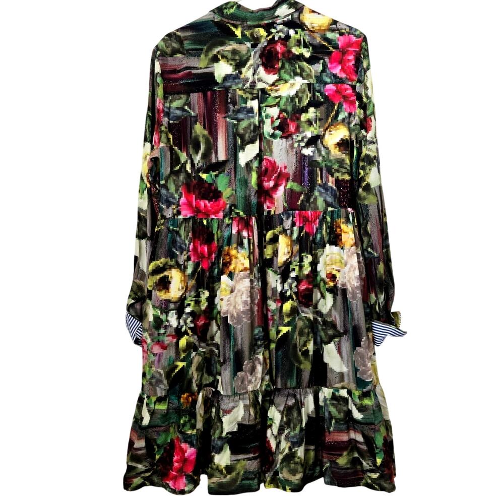 Dixie Italy Floral Mixed Media Midi Dress - M Pinstripe Trim Artsy Lagenlook - Picture 3 of 13